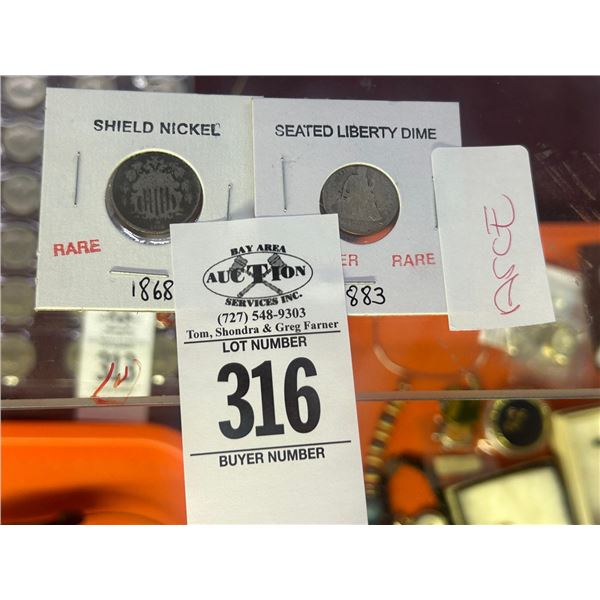 1868 Shield Nickel, 1883 Seated Liberty Dime