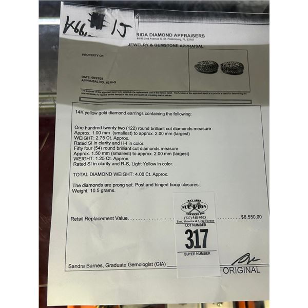 14K YG Diamond Earrings w/122 Round Cut Diamonds and 45 Round Diamonds 10.5G