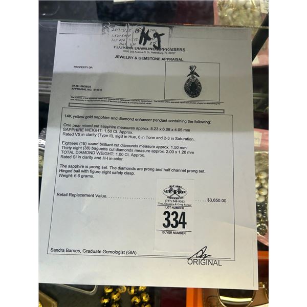 14K YG Sapphire/Diamond Enhancer Pendant w/One Pear Mixed Cut Sapphire and 18