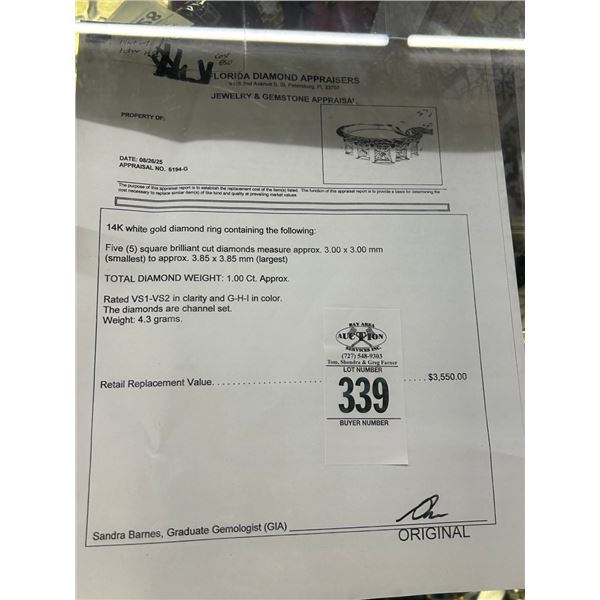 14K WG Diamond Ring w/5 Square Cut Diamonds 4.3G - Replacement Value - $3,550.00