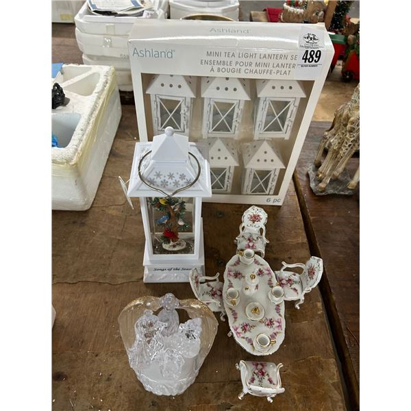 Porcelain Tea Set, Songs of The Season Snowglobe, Tea Light Lanterns