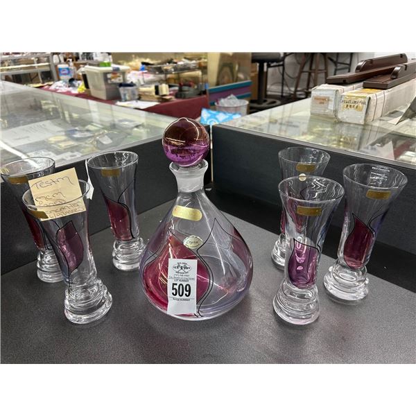 MCM Singed Art Glass Decanter w/6 Art Glasses