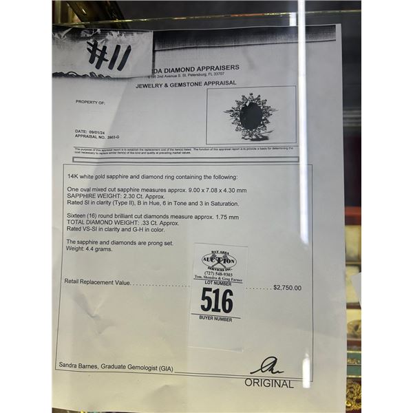 14K WG Sapphire/Diamond Ring w/One Oval Mixed Cut Sapphire and 16 Round Cut