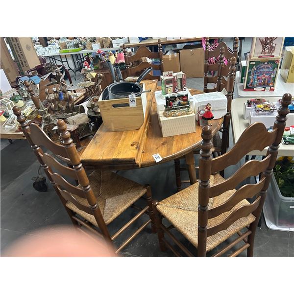 Distressed Round Dining Table w/2 Leaves, 6 Ladderback Chairs