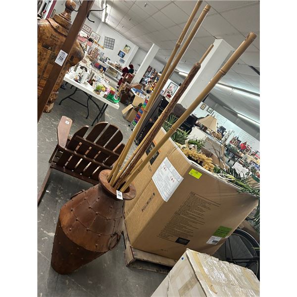 Large Metal Vase w/Bamboo Sticks