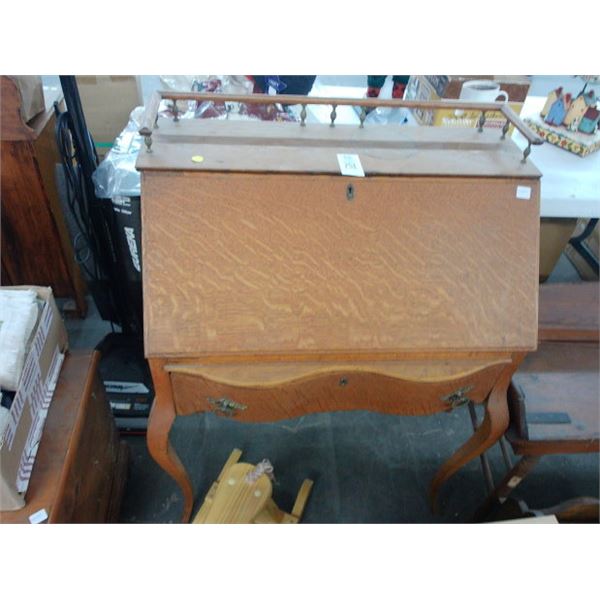 Antique Tiger Oak Queen Anne Drop Front Desk