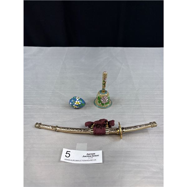 Nice Small Cloisonne Vase and Bell w/ Small Sword
