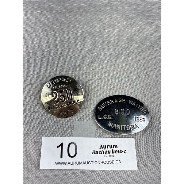 Vintage 1970 Vancouver Canvasser and 1953 Manitoba Waitress Badge
