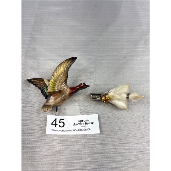 Large Carved Wood "Green Winged Teal" Brooch and Scottish Real Grouse Foot Brooch