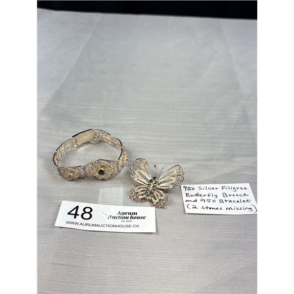 950 Silver Filigree Butterfly Brooch and 950 Bracelet (2 Stones Missing)