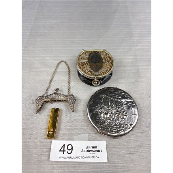 Dutch Silverplate Repousse Compact (Zilpla 90) Peacock Change Purse, Purse Frame +Argentina Religuia