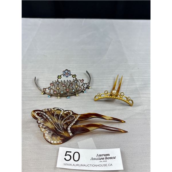 2 Antique Hair Combs and Vintage Rhinestone Tiara