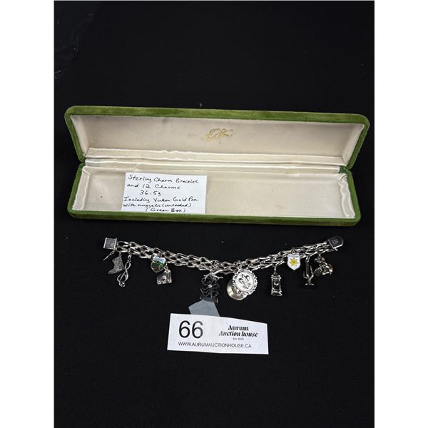 Sterling Charm Bracelet and 12 Charms 36.5 gr Including Yukon Gold Pan w/ Nuggets (Untested) Green B