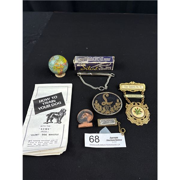 Acme Silent Dog Whistle, Globe Pencil Sharpener, 1914 Pin and Misc