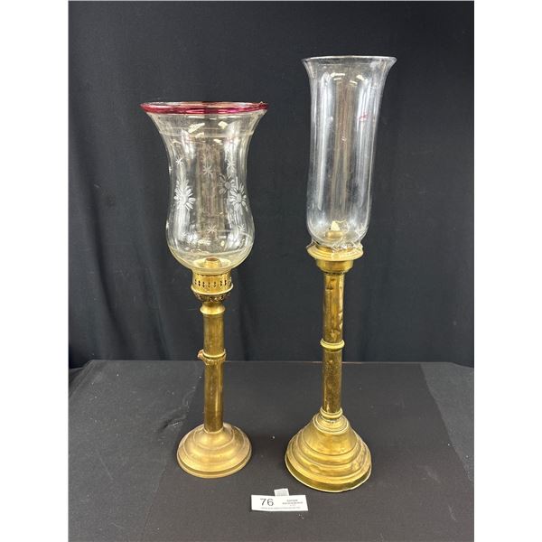 2 Antique Brass French Candle Holders w/ Hurricanes