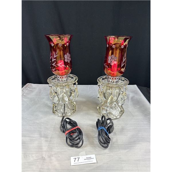 2 Vintage Mid Century Light Up Crystal Lamps w/ Crannberry Shades