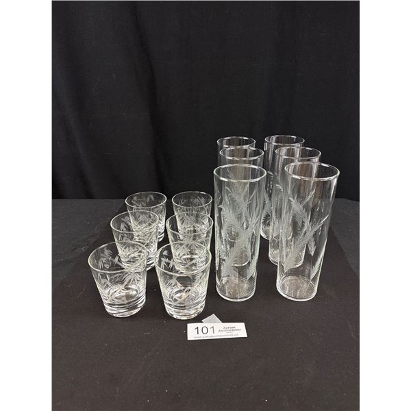 Lot of 12 Short and Tall Glass Etched Glasses