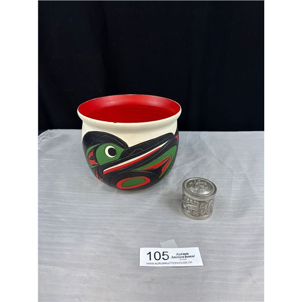 2 Vintage Native Pieces, Ceramic Bowl and Lidded Pewter Container