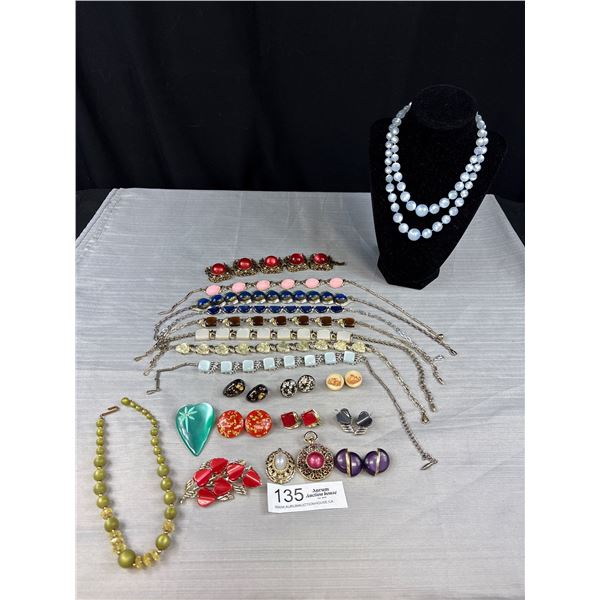 Huge Lot Thermoset Jewelry + Gold Silver Leaf and Copper Lucite Earrings