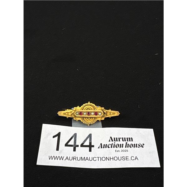 Victorian 9ct Seed Pearl + Ruby Brooch w/ Mourning Hair Locket on Back 2.9 g