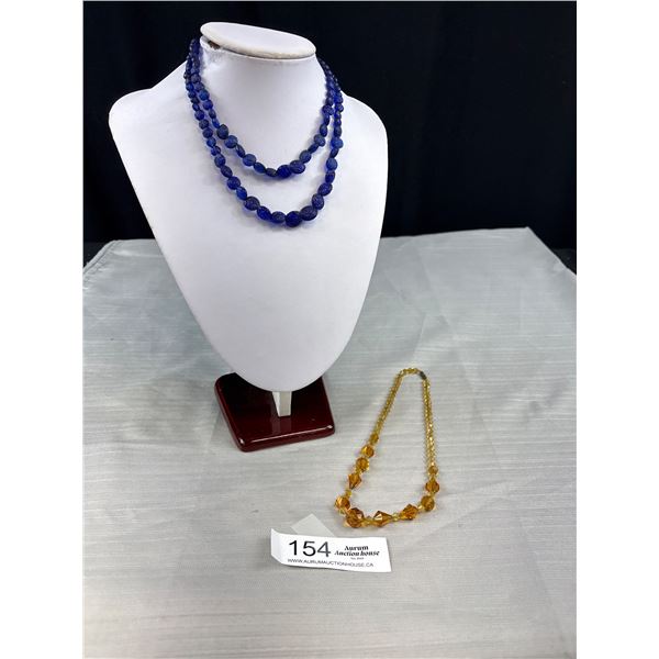 Antique Cobalt Blue Pattern Glass Necklace + Gold Glass Necklace