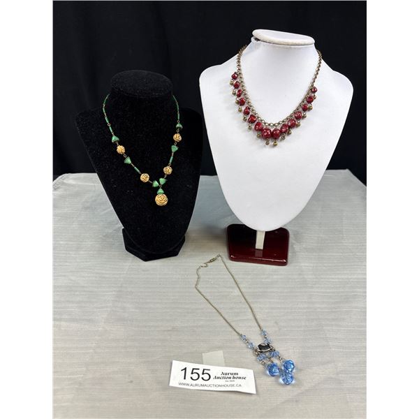 Two Antique Glass Necklaces and Blue Crystal Drops Necklace