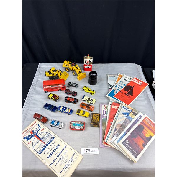 Box Lot of Old Diecast Cars and Roadmaps