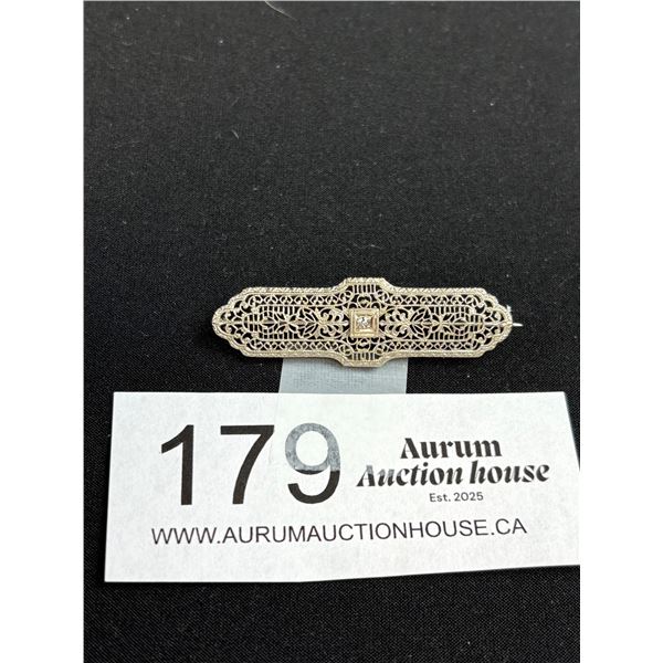 10K White Gold Filigree Brooch with Small Diamond Total Weight 2.4 Grams