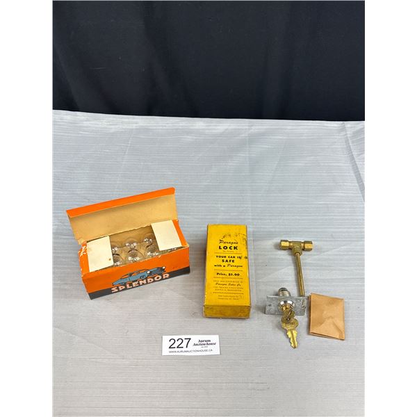 Vintage Splendor Auto Bulbs + Paragon Car Lock in Original Boxes Great Graphics