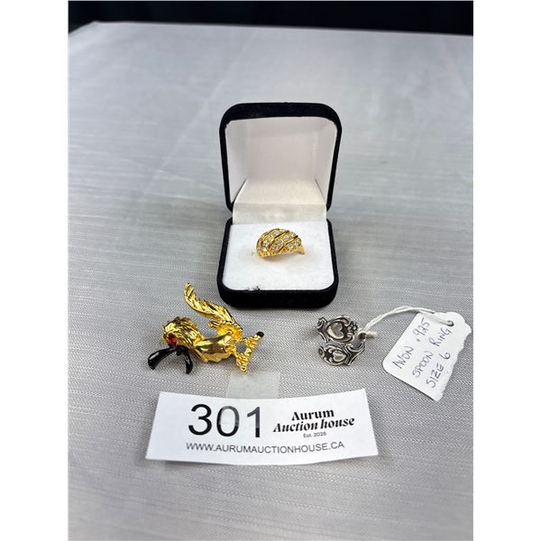 Sterling Silver Spoon Ring + Brooch and Gold Plated Ring