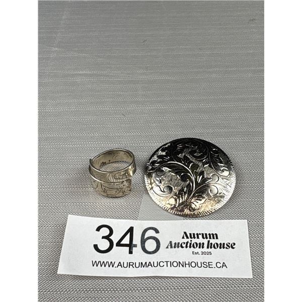 Nice West Coast Native Sterling Ring and Sterling Silver Brooch 16 Grams