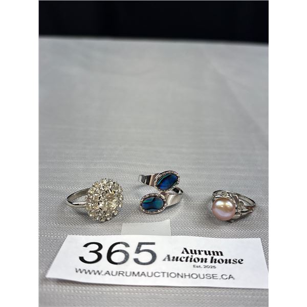 3 Vintage Dress Rings Faux Pearl, Rhinestones, etc.