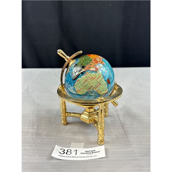 Rotating Semi-Precious Gemstone Globe on Brass Stand 5.5 Inches Tall