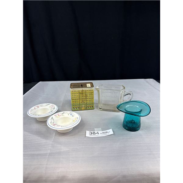 Lot Misc - Villeroy & Boch Votive Holders, Crackle Glass Hat, Vintage Measuring Cup, Tin Money Bank