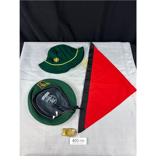 4 Pc's Vintage Scouts Canada Hats, Scarf + Belt Buckle