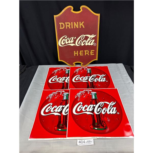17" Tall Coca-cola wooden sign + four large coca cola decals