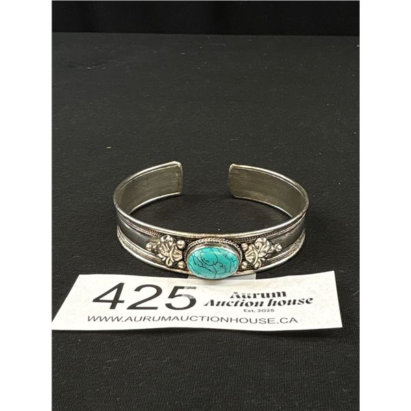 Vintage Hand Crafted Low Silver w/ Turquoise Stone Open Cuff Bangle