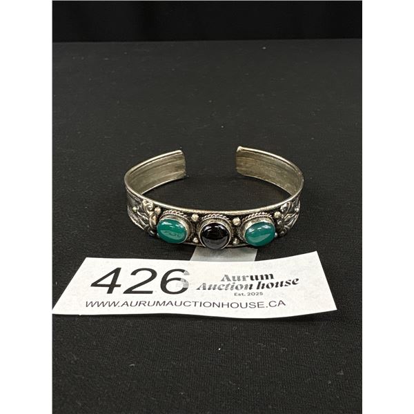 Vintage Hand Crafted Low Silver w/ Green + Black Onyx Stones Open Cuff Bangle