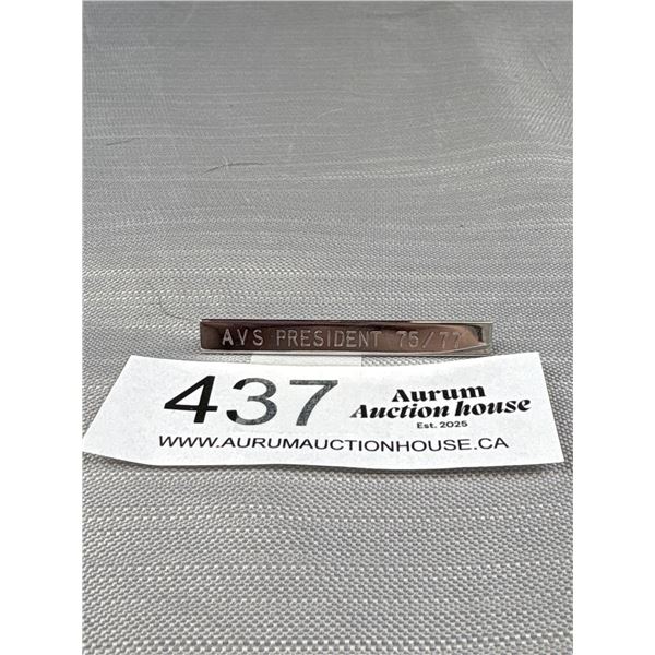 Sterling Silver Bar Pin/Brooch, Engraved AVS President 75/77, Marked Bond Boyd Ster.