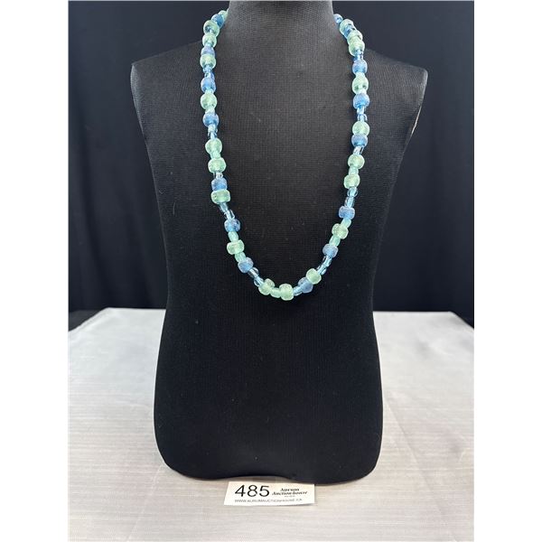 Vintage Blue Satin Glass Beads Necklace Rare