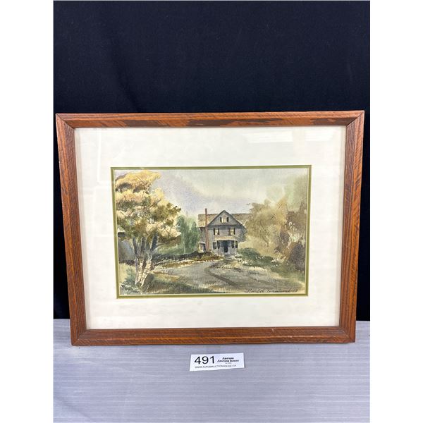 Vintage Oak Wood Framed Watercolour Painting Signed Meredith Runestrand / 78