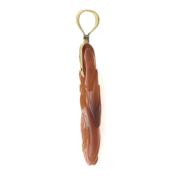 Vintage 33.4x18.1mm Carved Orange Brown Jade Charm Pendant w/ 14K Gold Bail