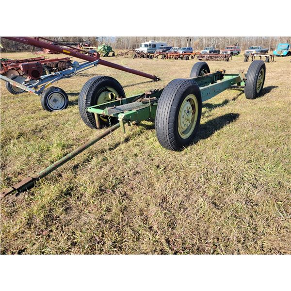 Approx. 18 ft. wagon frame, 12.00x24 rubber, sold as is