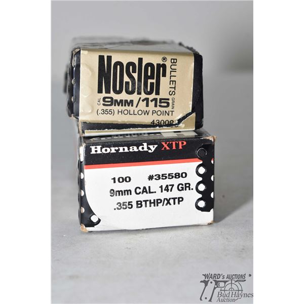 Two full 100 count boxes of 9mm bullets including Hornady XTP 147 gr BTHP and a Nosler 115 gr HP