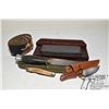 Image 2 : Selection of gun smalls including hunting knife w/ sheath, cased sharpening stone, savage std. short