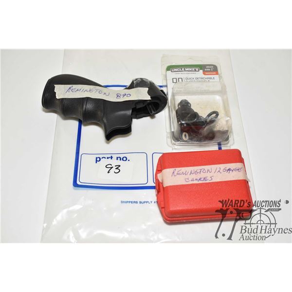 Three Remington 12 GA chokes, piston grip for Remington 870 and a set of Uncle Mikes Quick detatchab