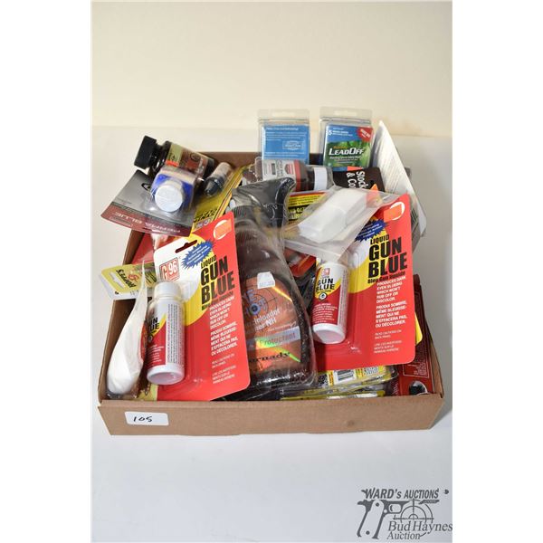 Tray lot of new in package cleaning supplies including oils, grease, assorted barrel caliber brushes