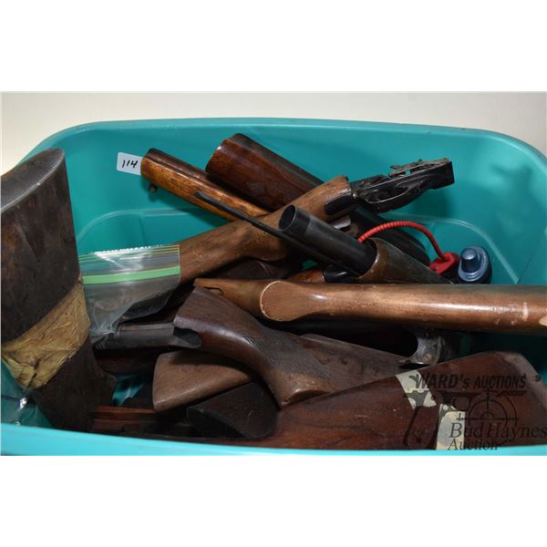 Tub containing selection of wood butt stocks and fore woods. Pal required