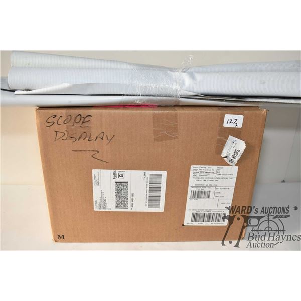 Box of assorted scope stands and three scope related posters