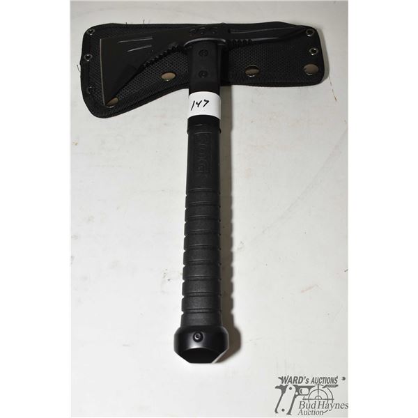 Sog voodoo hawk tactical axe w/ clamshell case, flat black head and 12" handle